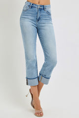 High Rise Ankle Straight Cuffed Jeans