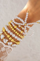 Multi-Layer Pearl & Gold Bead Bracelet with Bow Charm