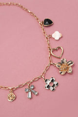Gold Charm Necklace – Bow, Heart & Flower Accents
