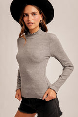 Lettuce Edge Mock Neck Long Sleeve Rib Top – Grey Melange