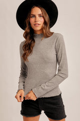 Lettuce Edge Mock Neck Long Sleeve Rib Top – Grey Melange