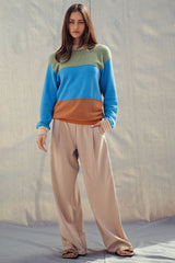 Colorblock Textured Knit Pullover – Relaxed Fit Cotton Sweater