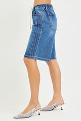 Elastic Waist Mid-Rise Relaxed Fit Jorts with Side Stripe Detail