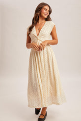 Polka Dot Twist Front Smocked Back V-Neck Maxi Dress
