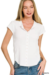 Double Knit Snap Button Short Sleeve Blouse
