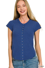 Double Knit Snap Button Short Sleeve Blouse