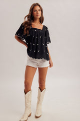 Midnight Daisy Embroidered Blouse