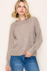 Pearl Trim Crewneck Sweater