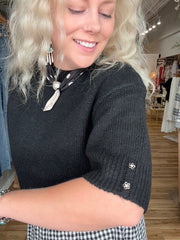 Elbow Sleeve Mock Neck Sweater w/Buttons Detail at Cuff