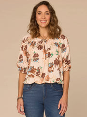 Elbow Blouson Sleeve Scoop Neck Bubble Hem Floral Print Woven Top
