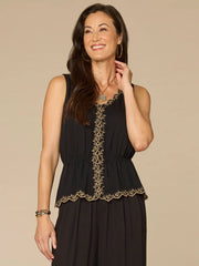Embroidered Scallop Peplum Top in Black