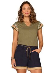Crochet Cap Sleeve Notched Neck Knit Top