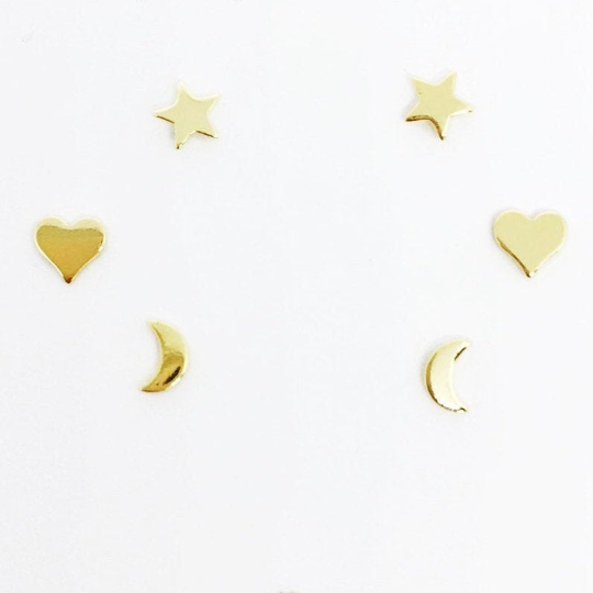 18k Gold Filled Dainty Earrings Trio Set of Star, Moon And Heart Studs