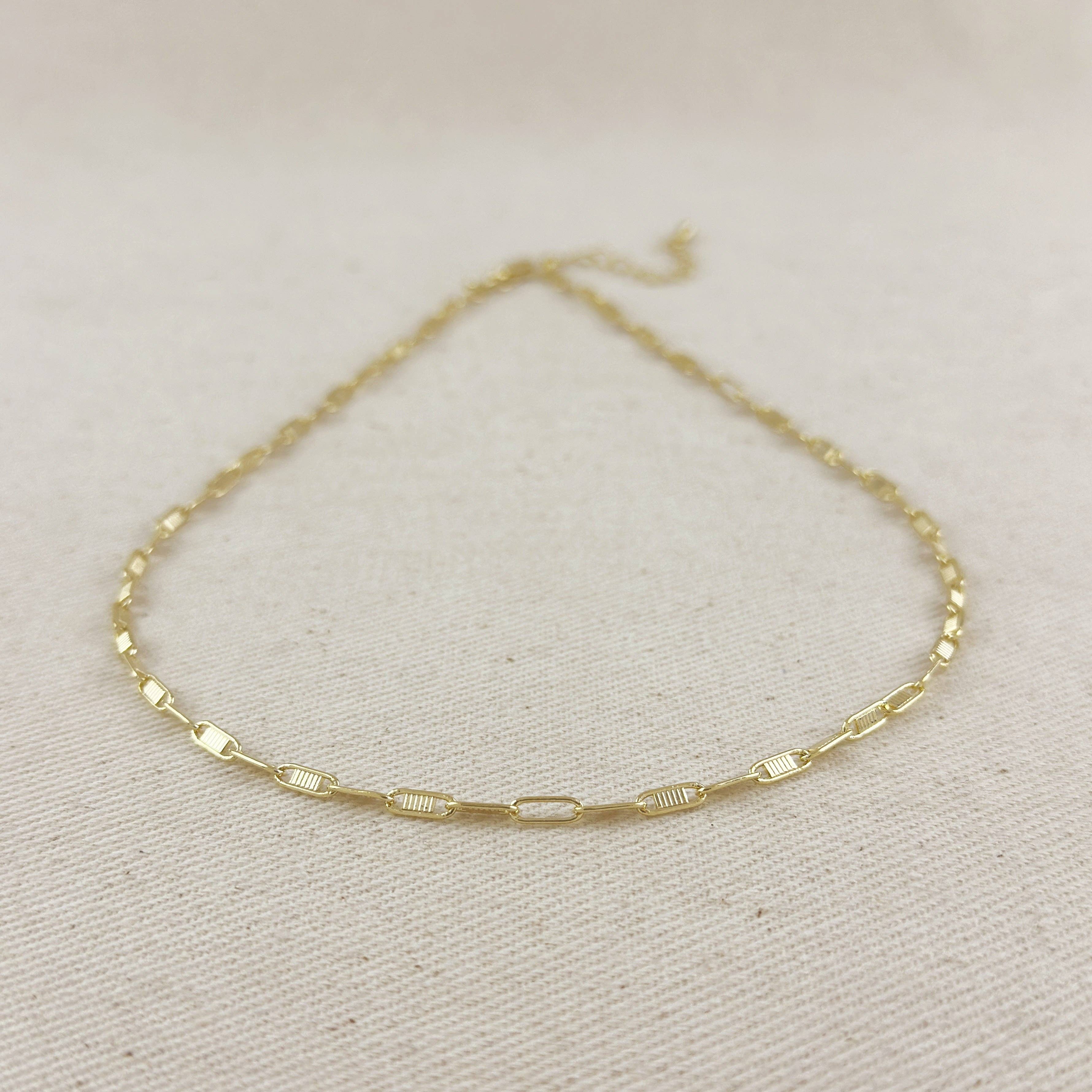 18K Gold Filled Textured Bar Link Necklace: 18 inches