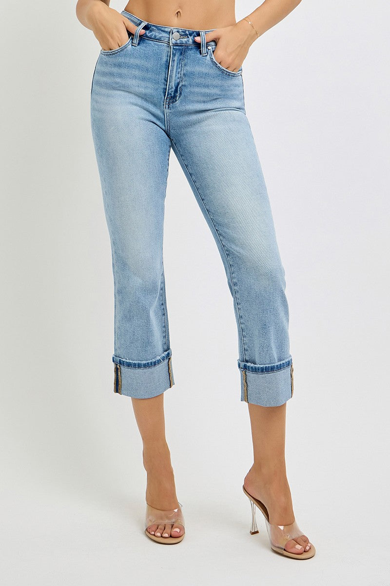 High Rise Ankle Straight Cuffed Jeans