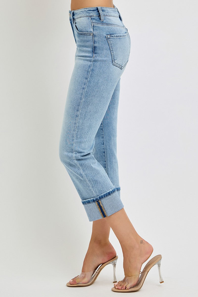 High Rise Ankle Straight Cuffed Jeans