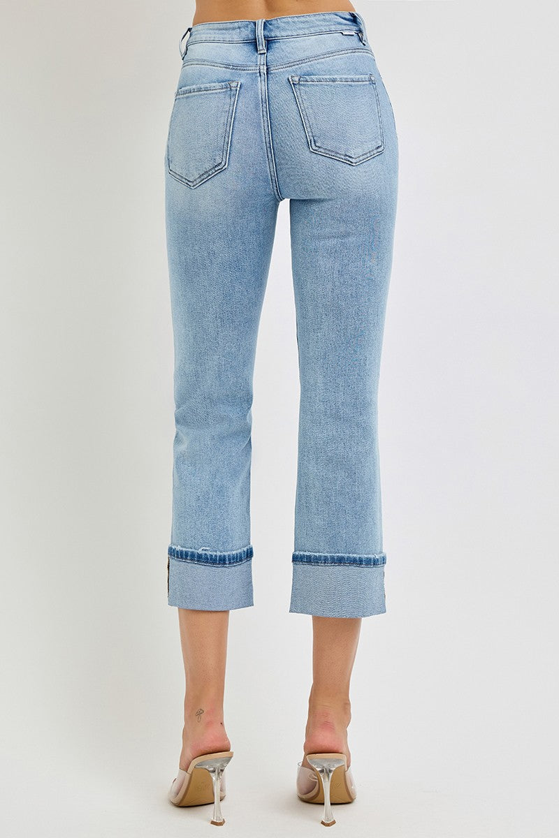 High Rise Ankle Straight Cuffed Jeans