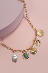 Gilded Charms Pearl & Turquoise Accent Necklace