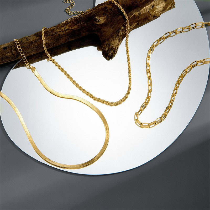Gold Herringbone, Rope & Link Layered Necklace Set – 18K Stainless Steel