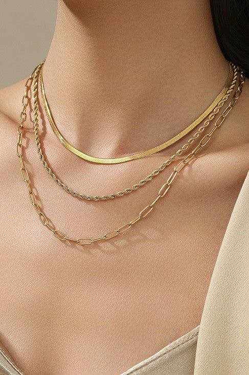 Gold Herringbone, Rope & Link Layered Necklace Set – 18K Stainless Steel