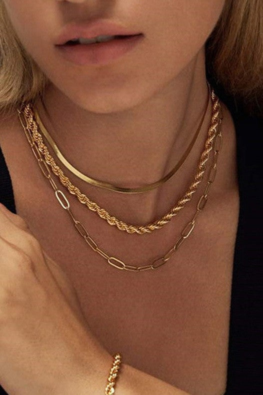 Gold Herringbone, Rope & Link Layered Necklace Set – 18K Stainless Steel