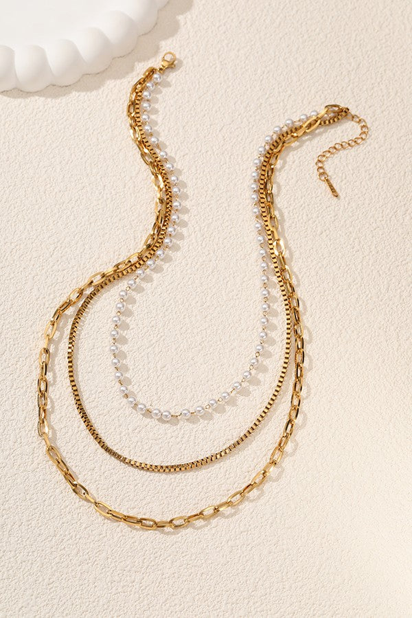 Pearl & Chain Layered Necklace Set – 18K Stainless Steel