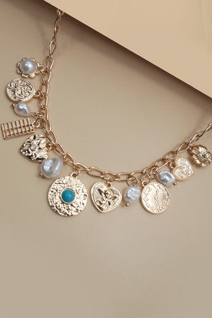 Golden Treasures Charm Necklace – Pearl & Coin Accent