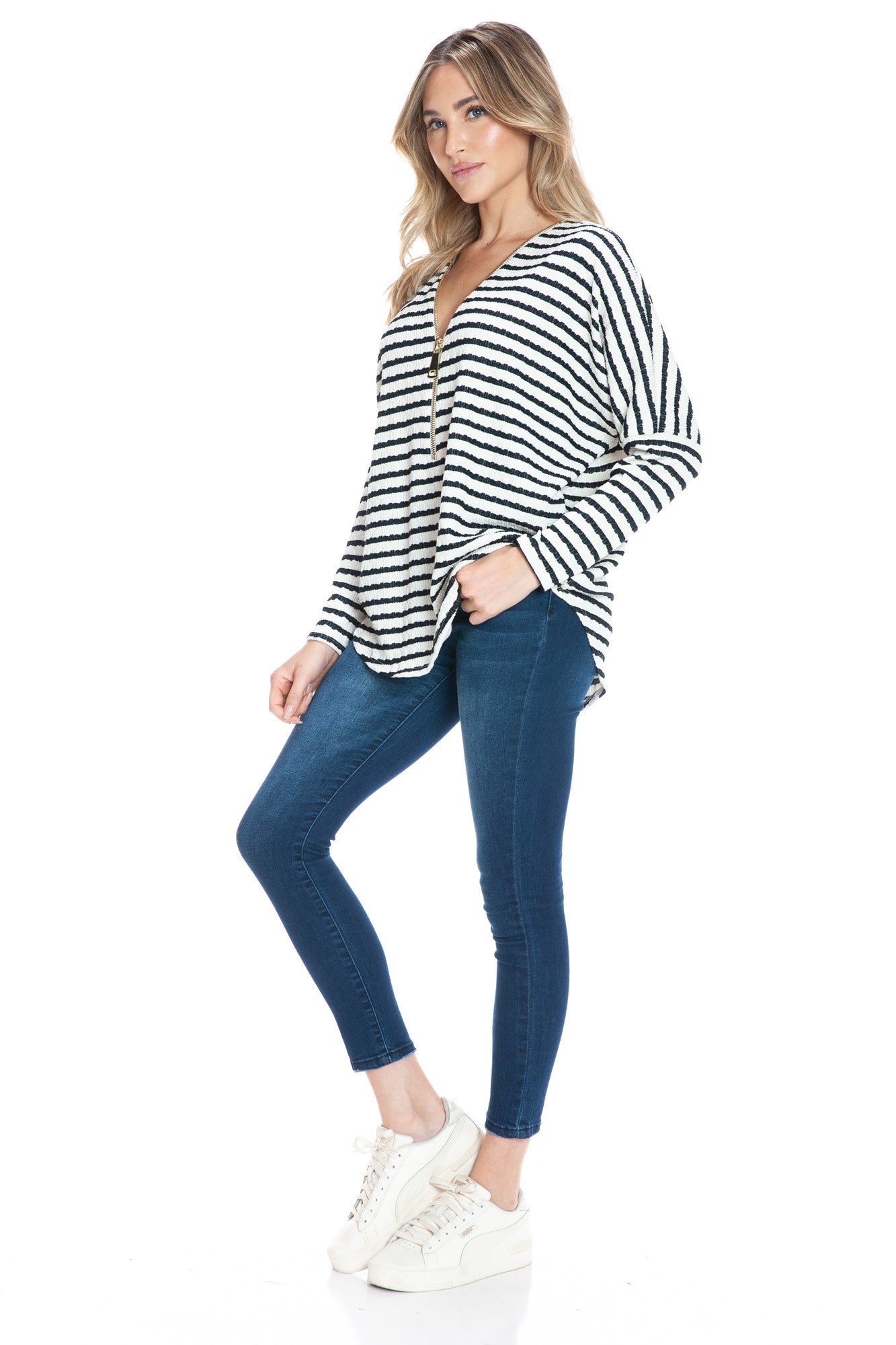 Black & Ivory Striped Half Zip Pullover