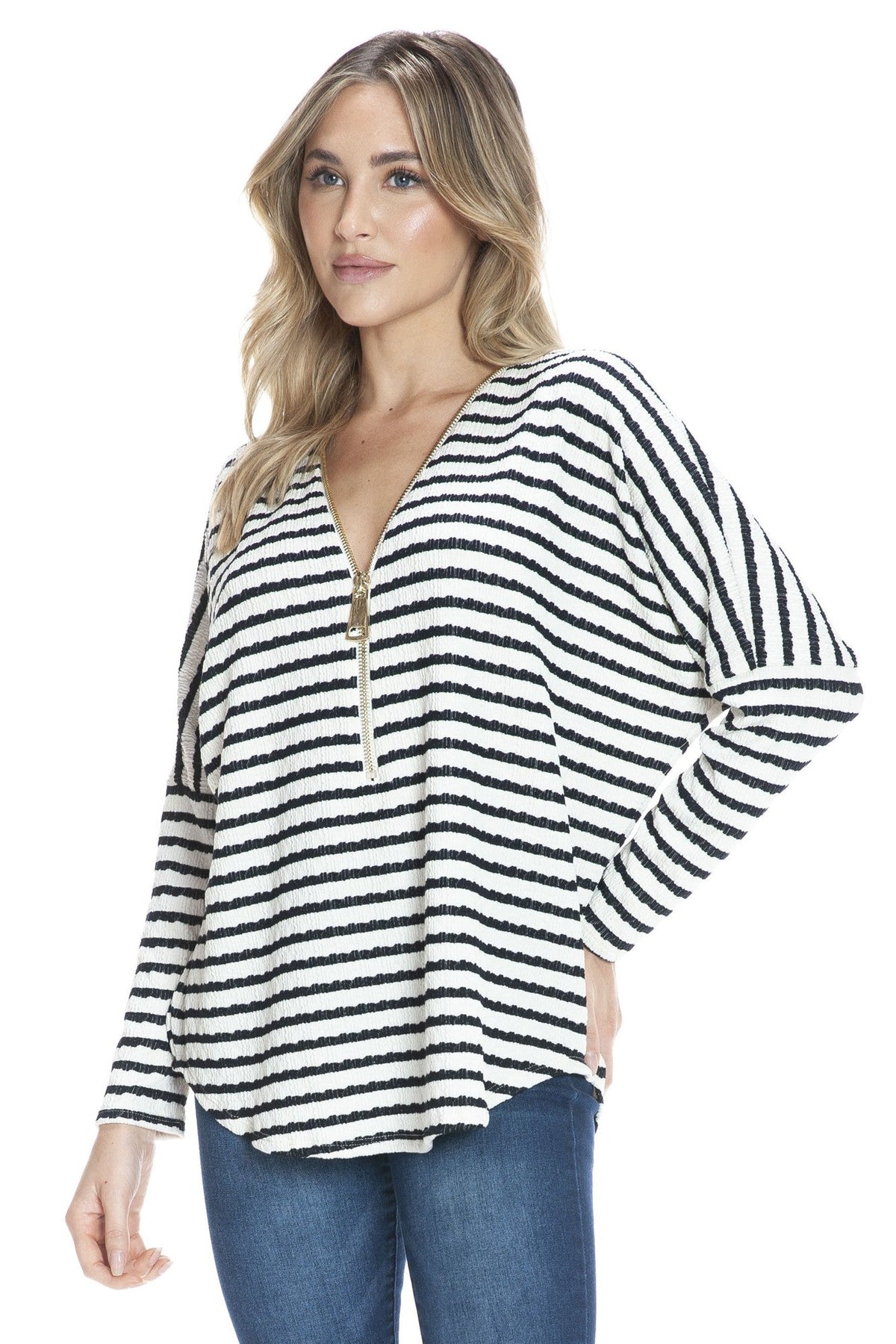 Black & Ivory Striped Half Zip Pullover