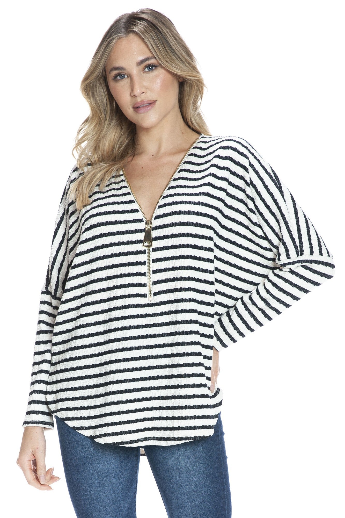 Black & Ivory Striped Half Zip Pullover