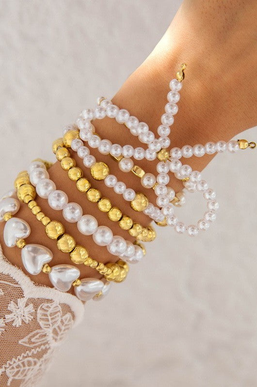 Multi-Layer Pearl & Gold Bead Bracelet with Bow Charm