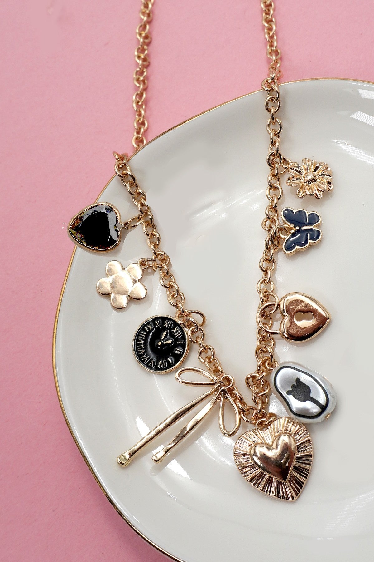 Gold Charm Necklace – Heart, Clock, Bow & More