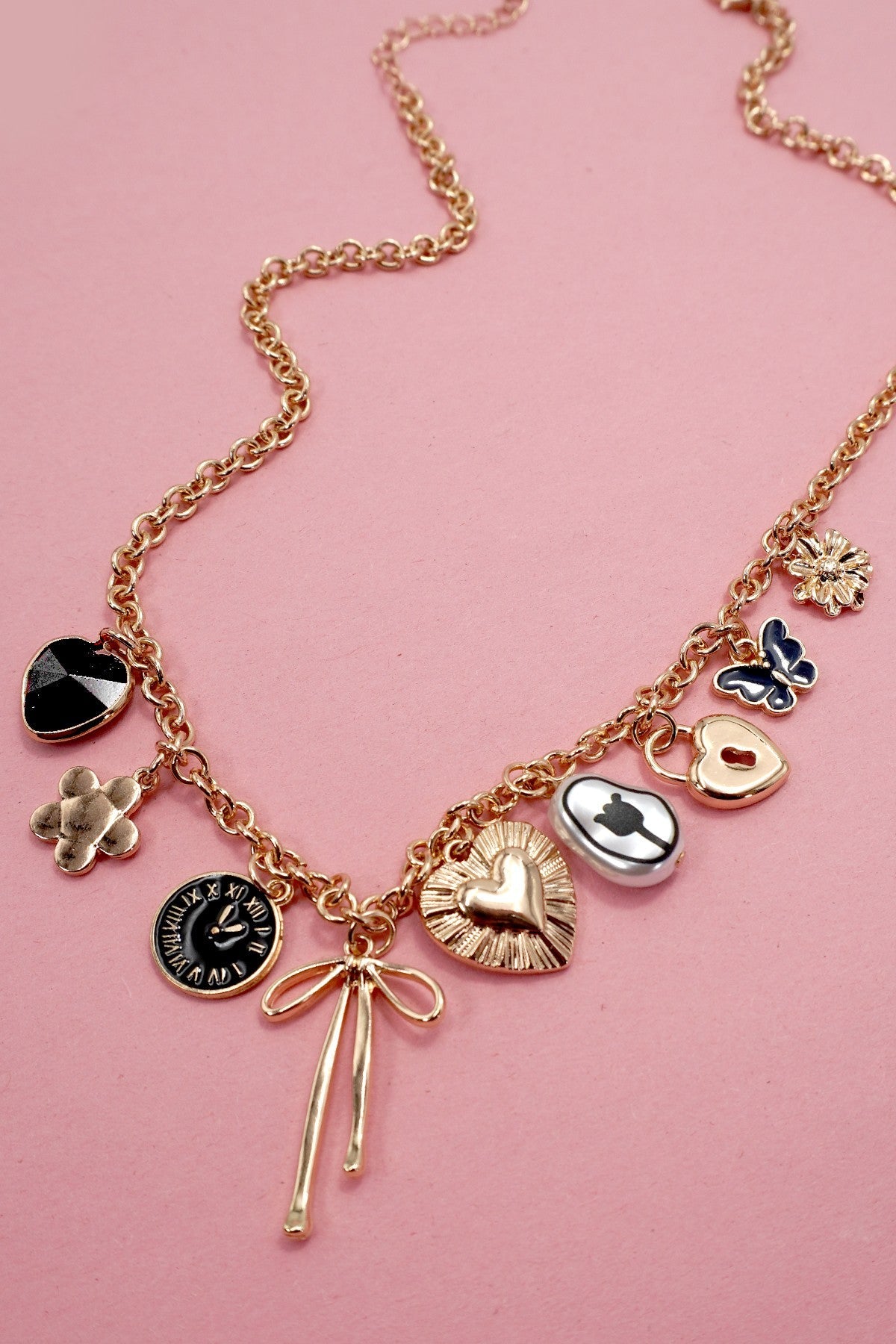 Gold Charm Necklace – Heart, Clock, Bow & More