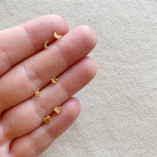 18k Gold Filled Dainty Earrings Trio Set of Star, Moon And Heart Studs
