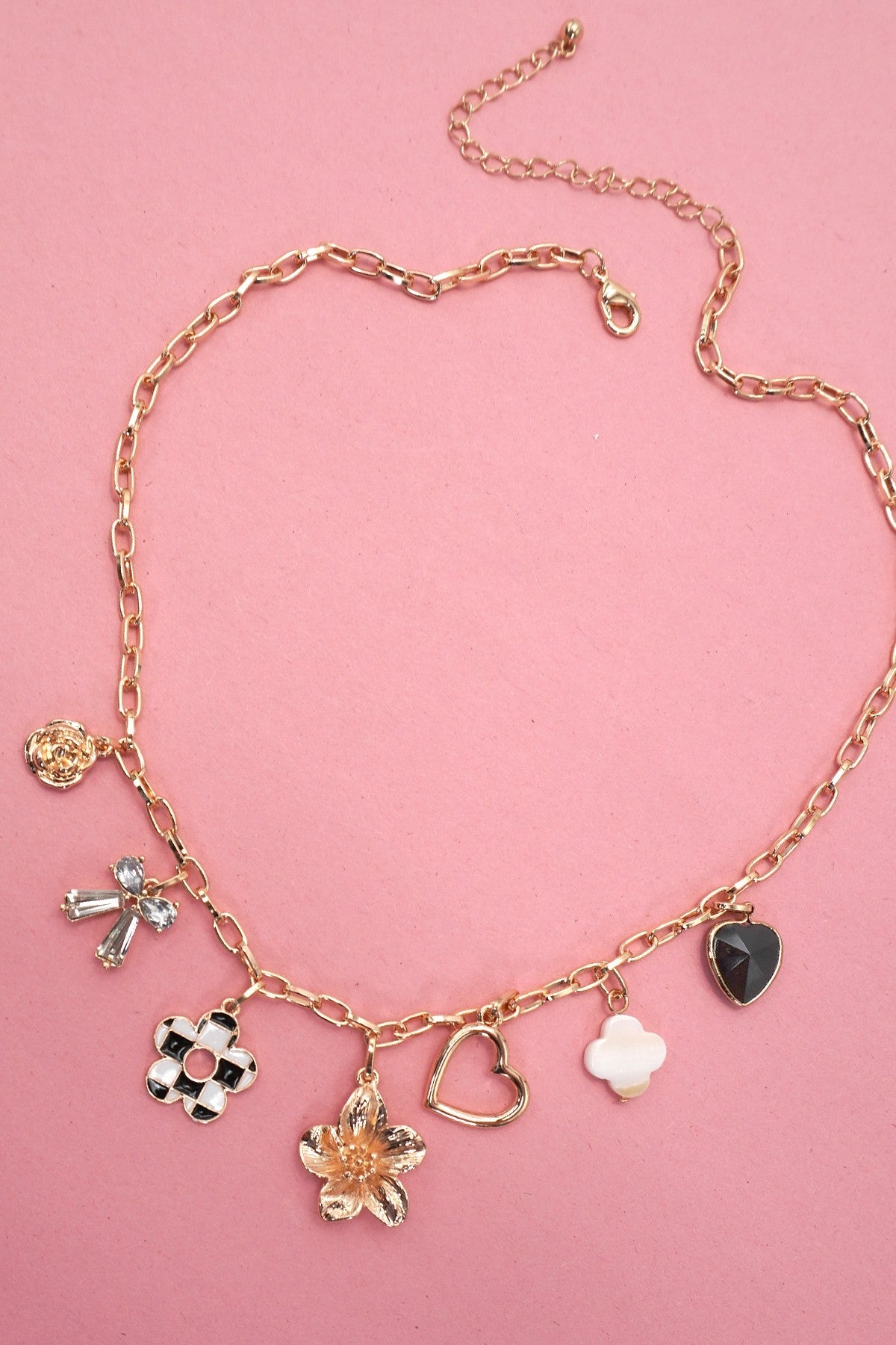 Gold Charm Necklace – Bow, Heart & Flower Accents