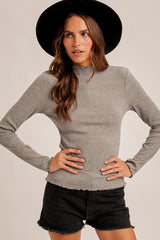 Lettuce Edge Mock Neck Long Sleeve Rib Top – Grey Melange