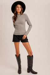 Lettuce Edge Mock Neck Long Sleeve Rib Top – Grey Melange