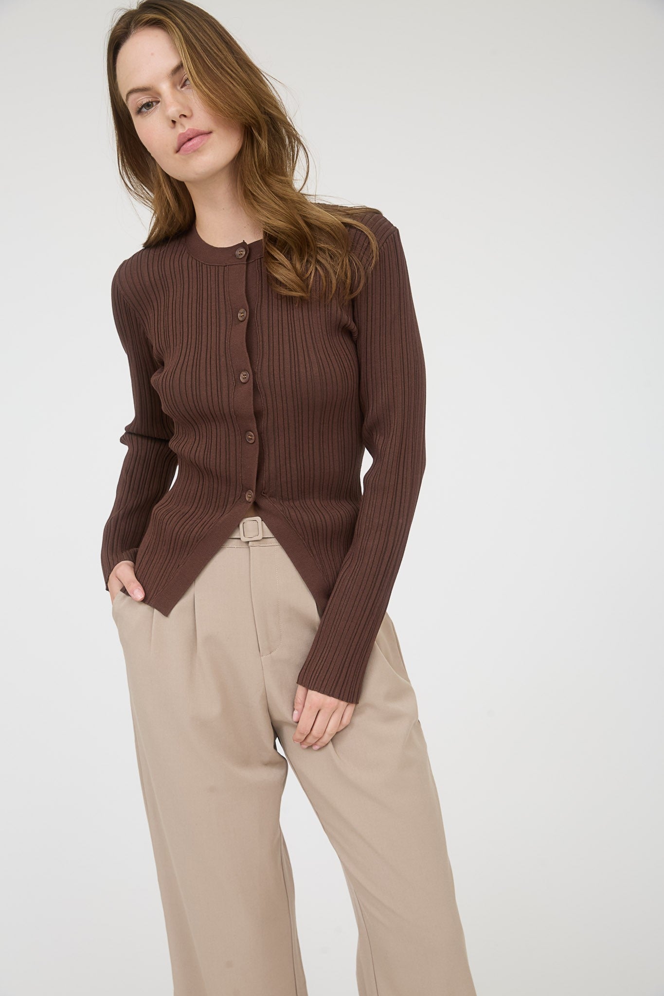 Chocolate Ribbed Button-Front Cardigan