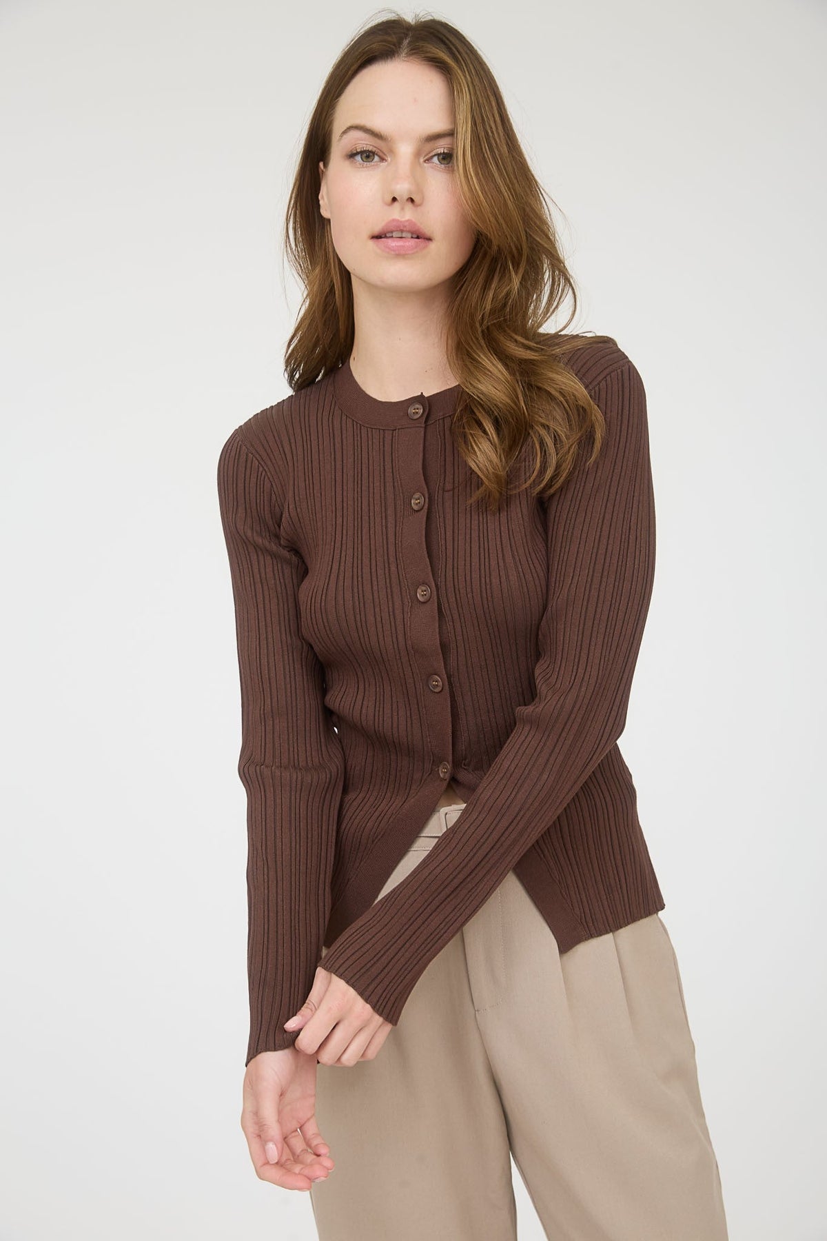 Chocolate Ribbed Button-Front Cardigan