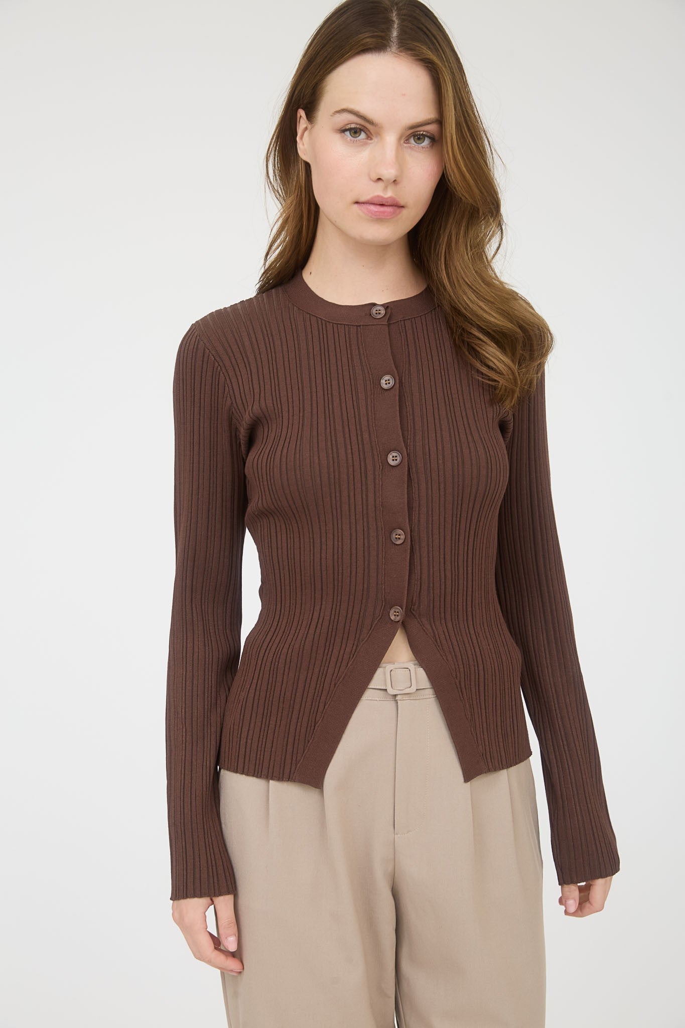 Chocolate Ribbed Button-Front Cardigan
