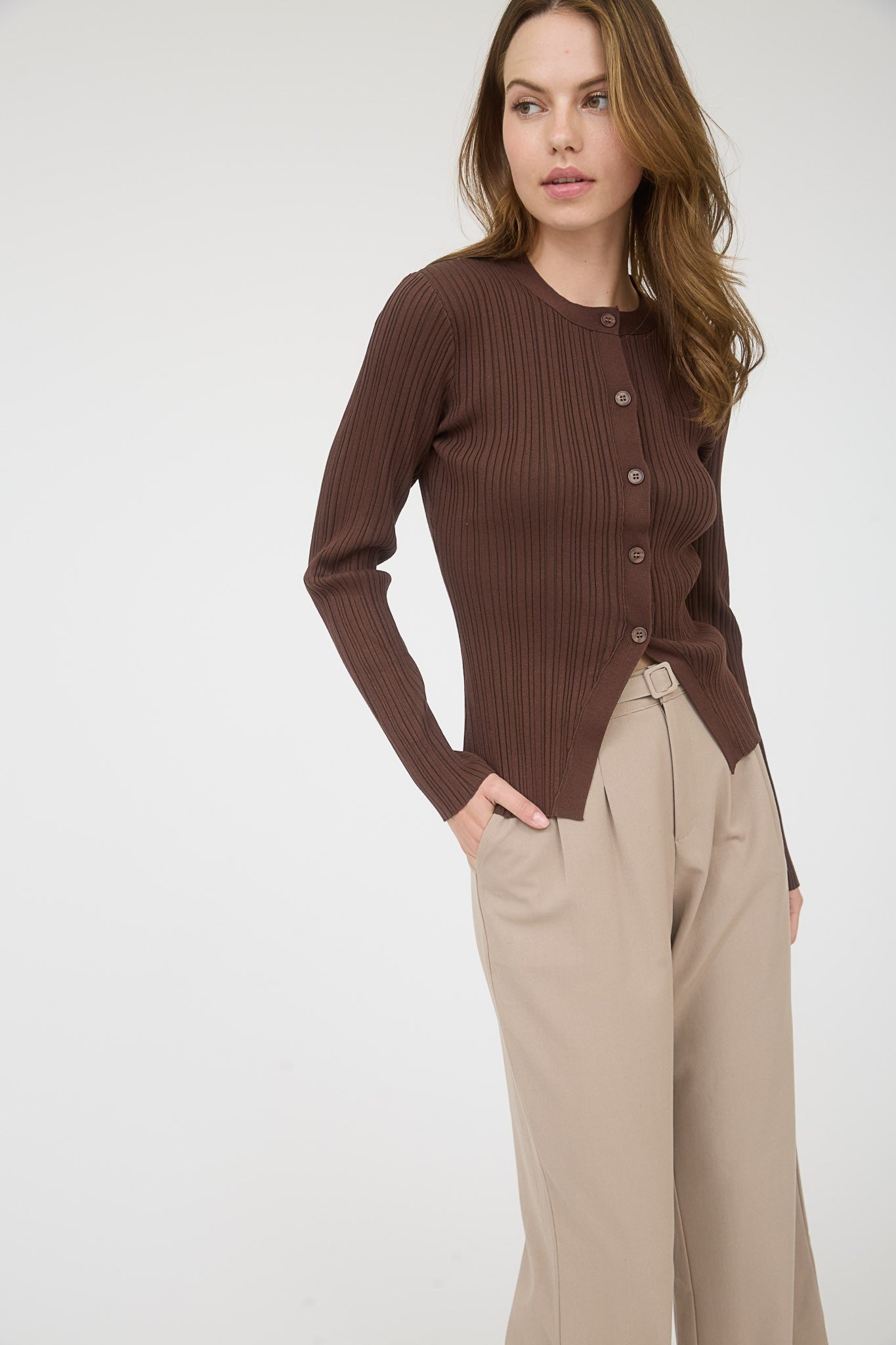 Chocolate Ribbed Button-Front Cardigan
