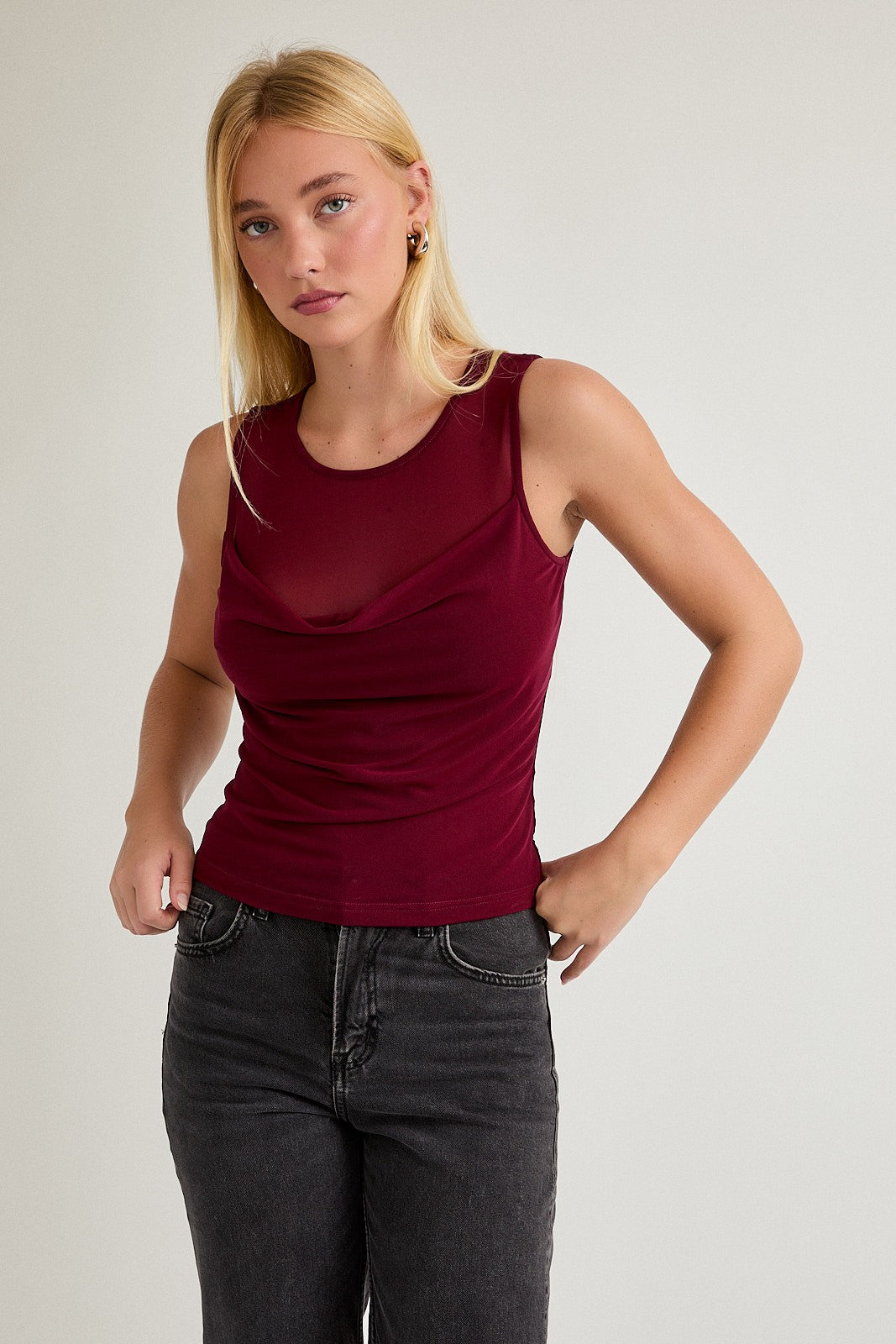 Mesh Detail Cowl Neck Tank – Wine