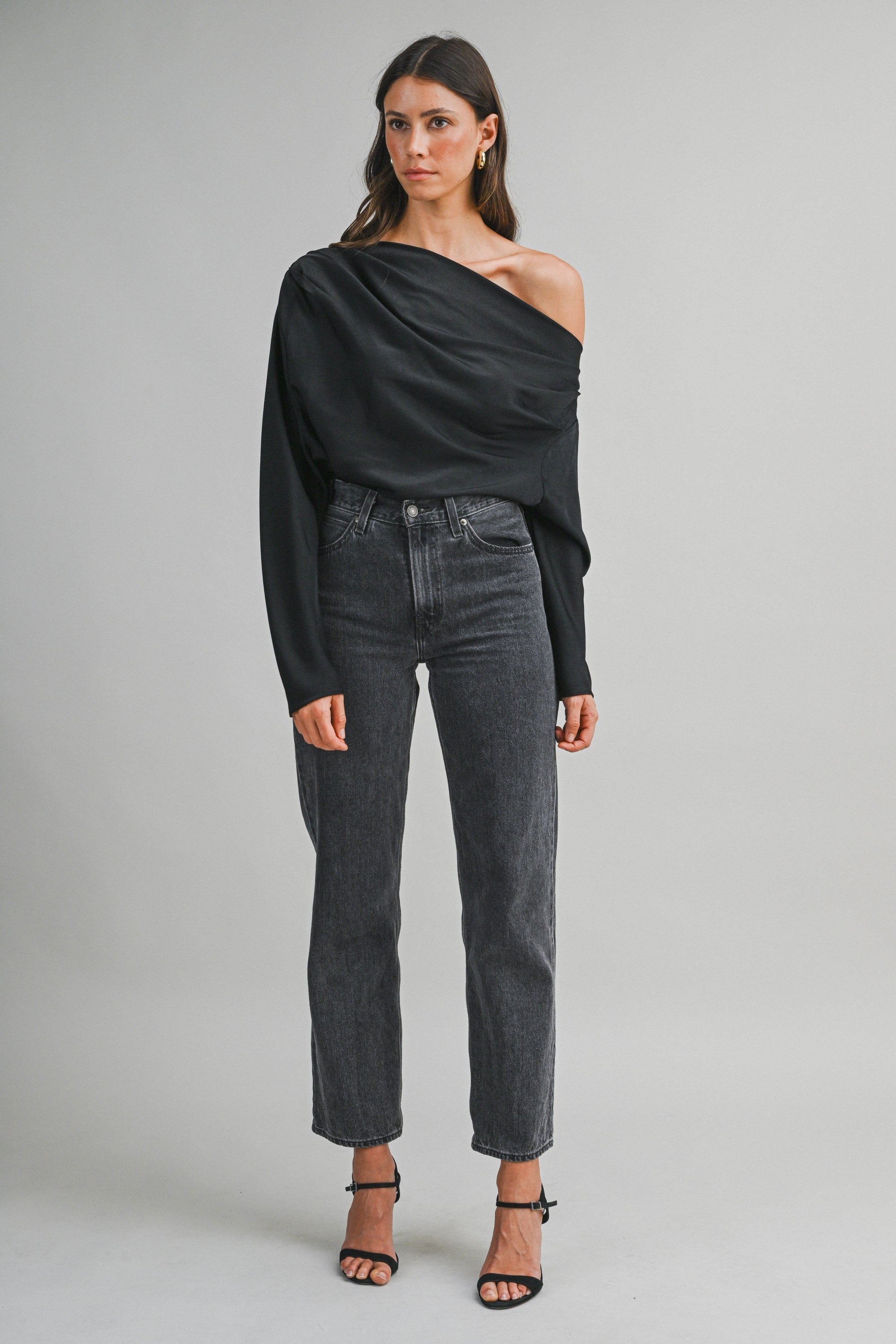 One-Shoulder Draped Satin Blouse
