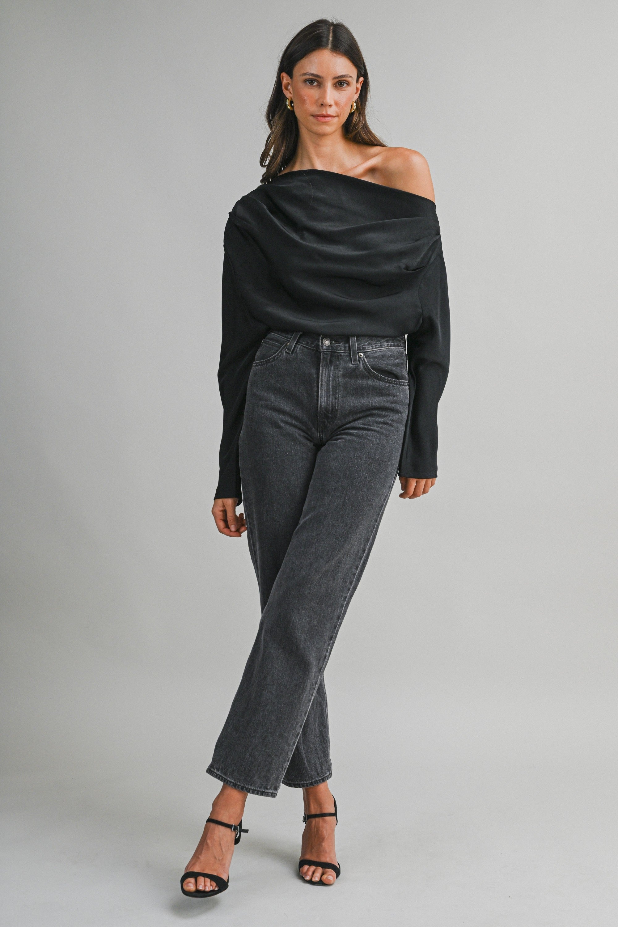 One-Shoulder Draped Satin Blouse