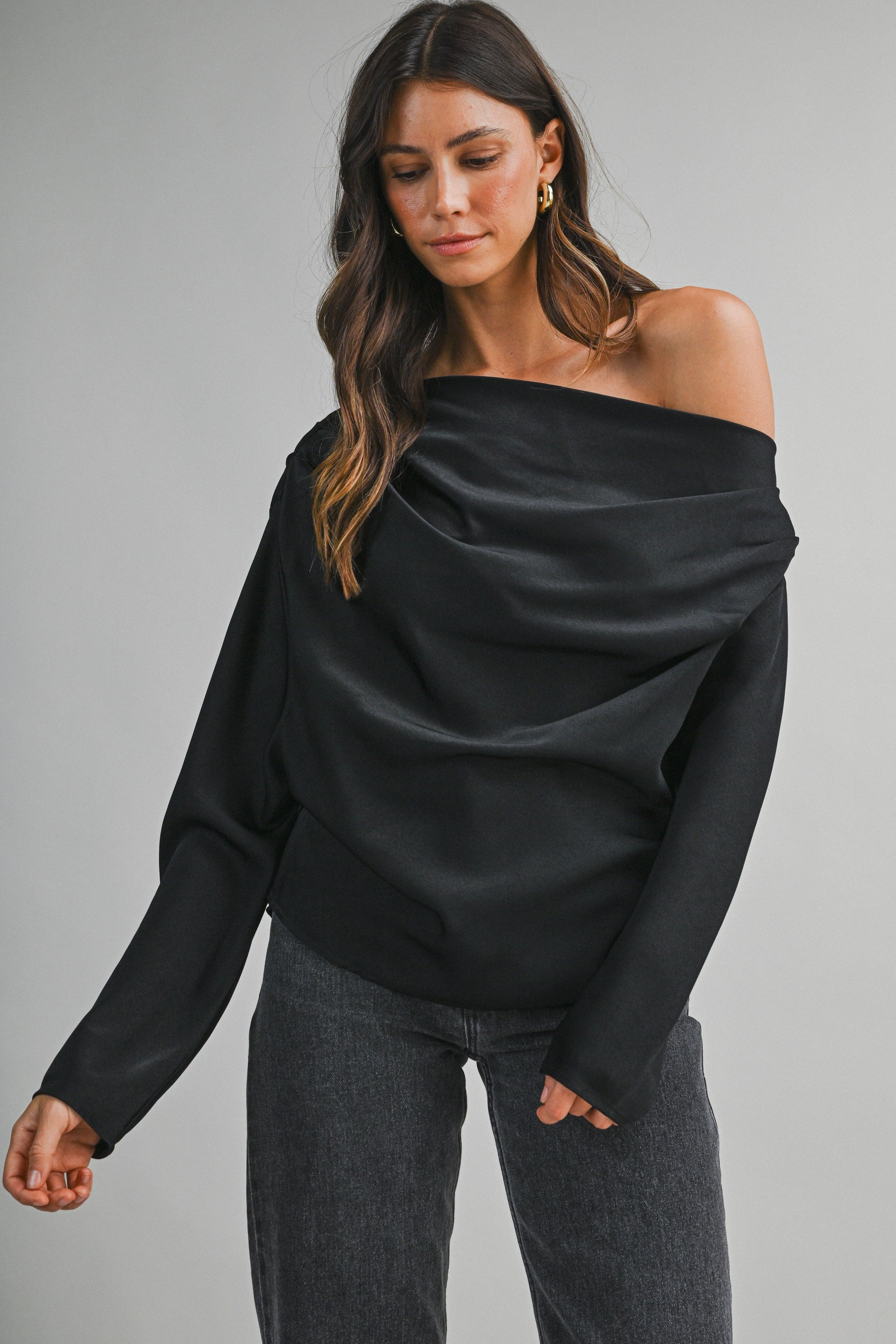 One-Shoulder Draped Satin Blouse
