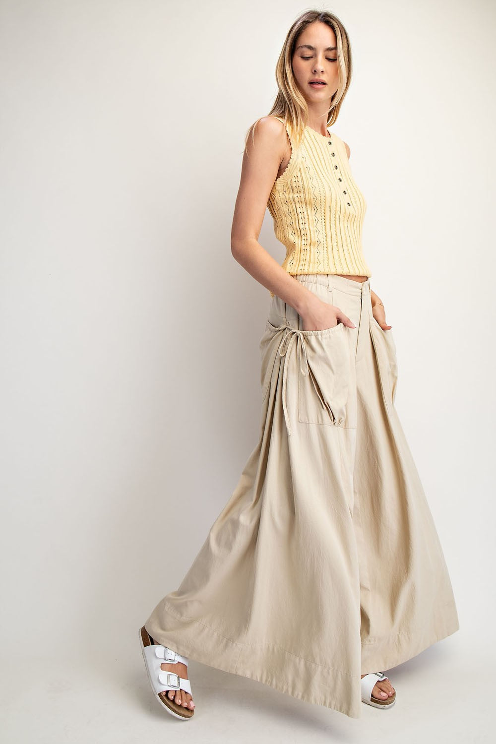 Billowy Cotton Wide-Leg Pants with Drawstring Pockets