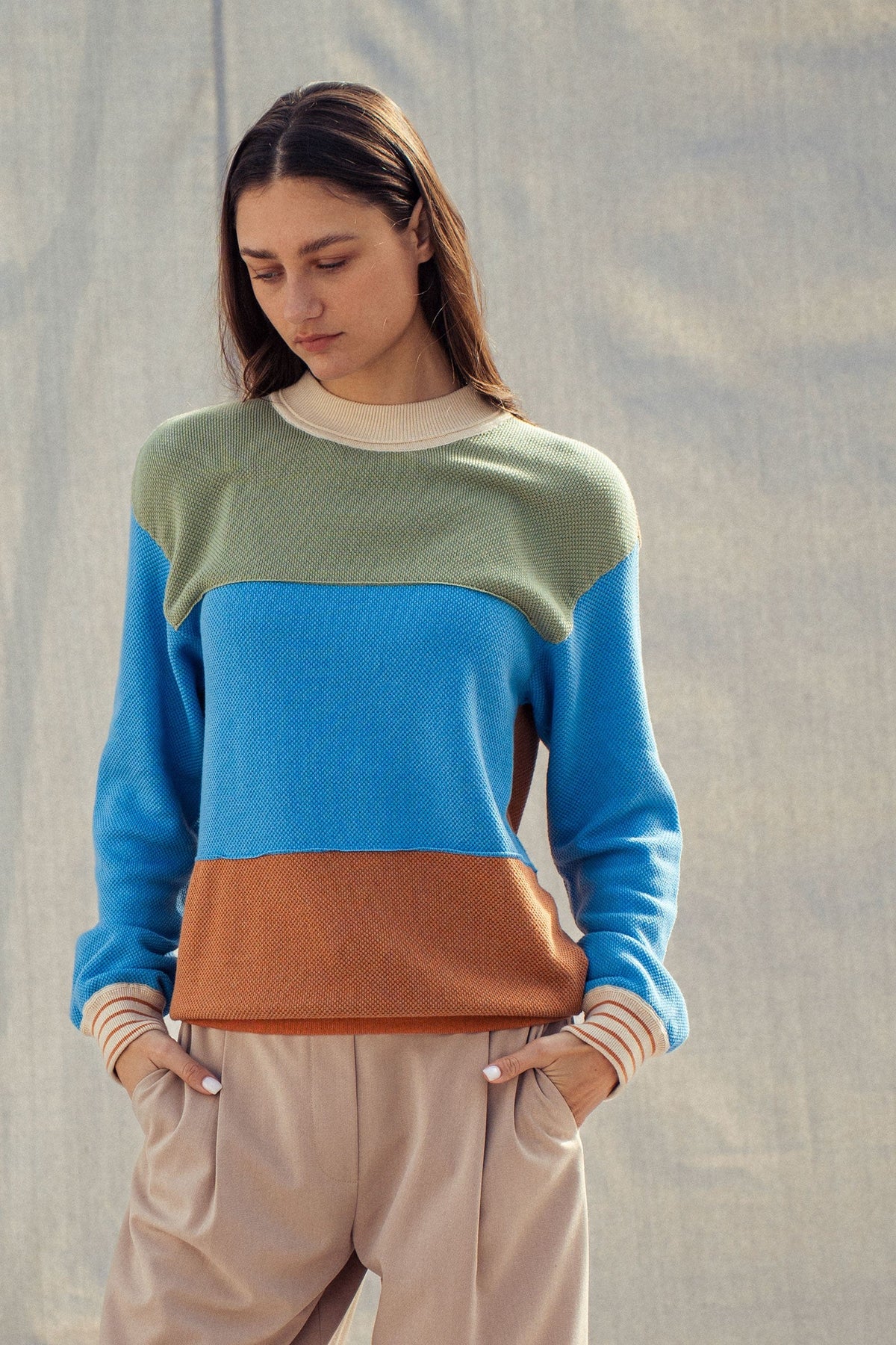 Colorblock Textured Knit Pullover – Relaxed Fit Cotton Sweater