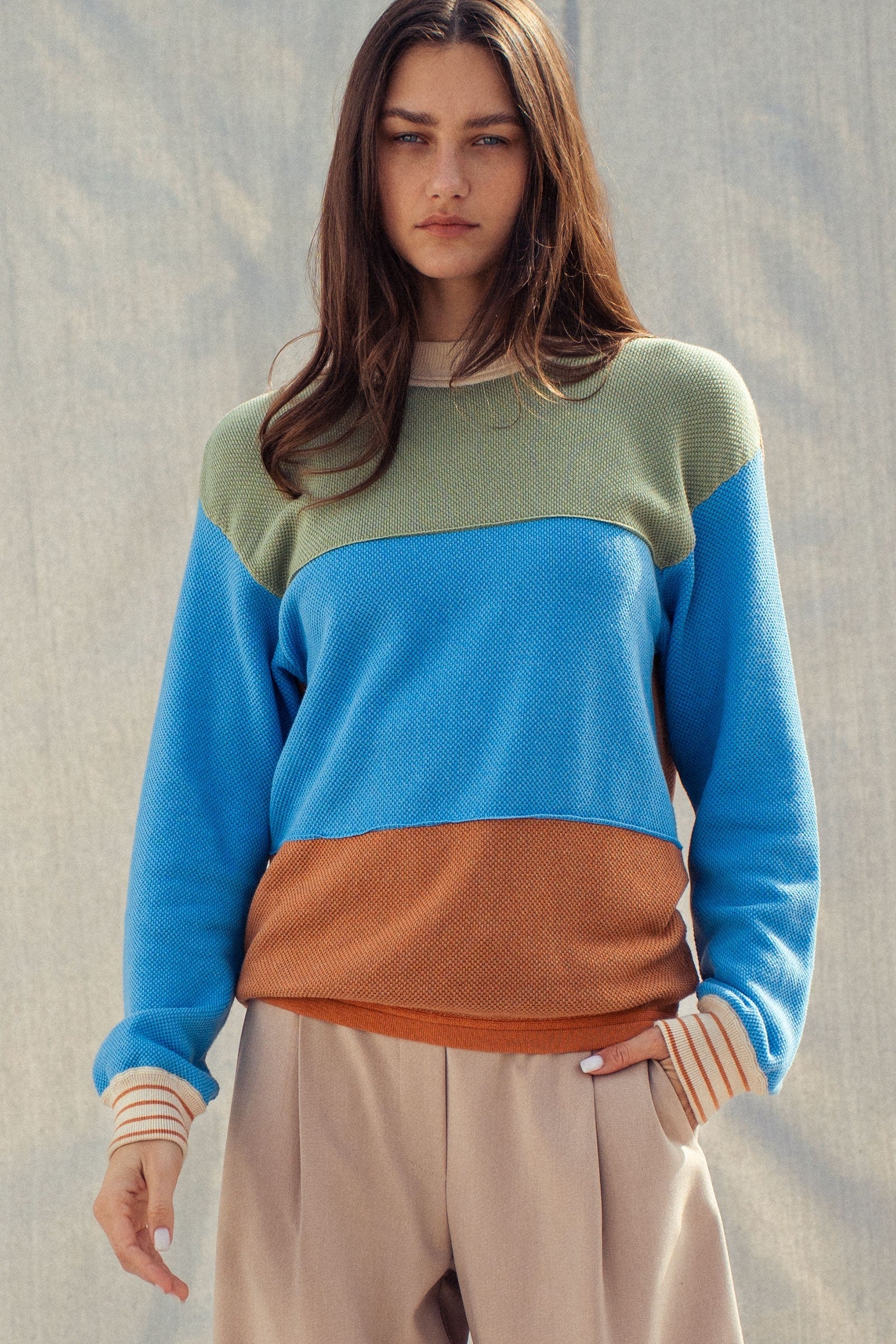 Colorblock Textured Knit Pullover – Relaxed Fit Cotton Sweater