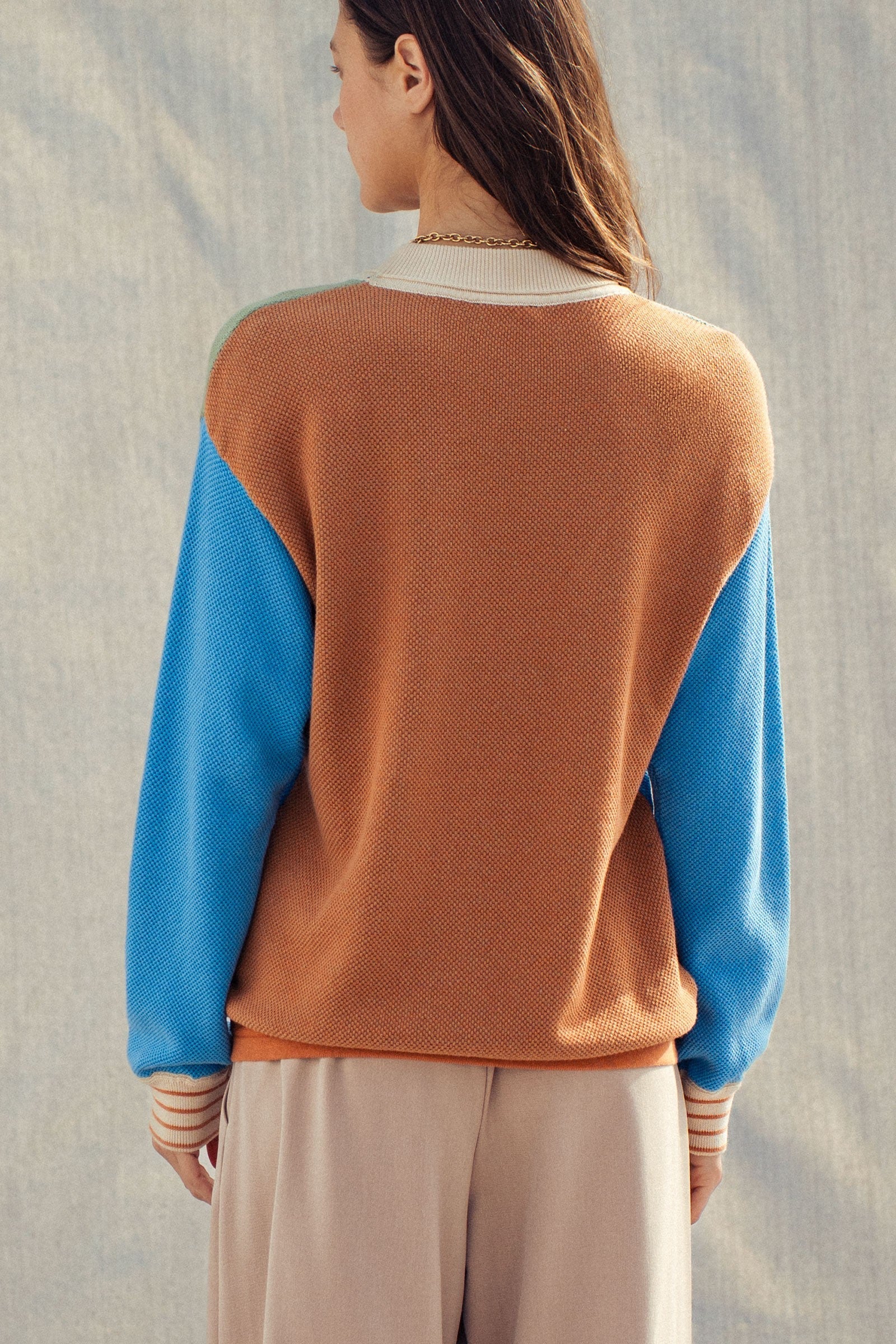 Colorblock Textured Knit Pullover – Relaxed Fit Cotton Sweater