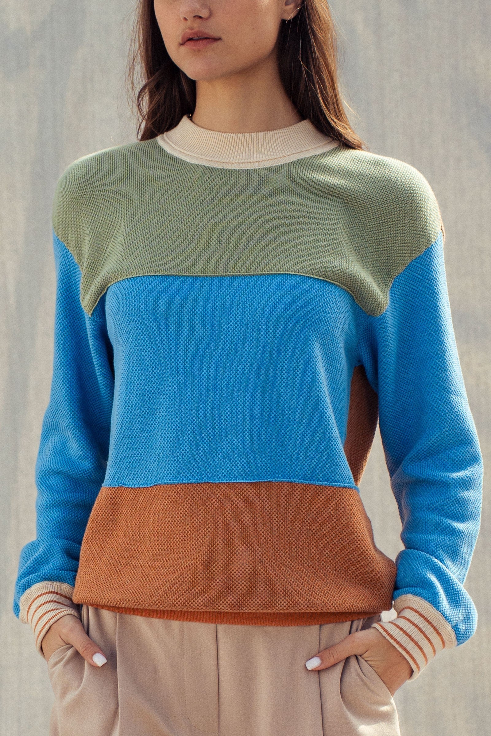 Colorblock Textured Knit Pullover – Relaxed Fit Cotton Sweater